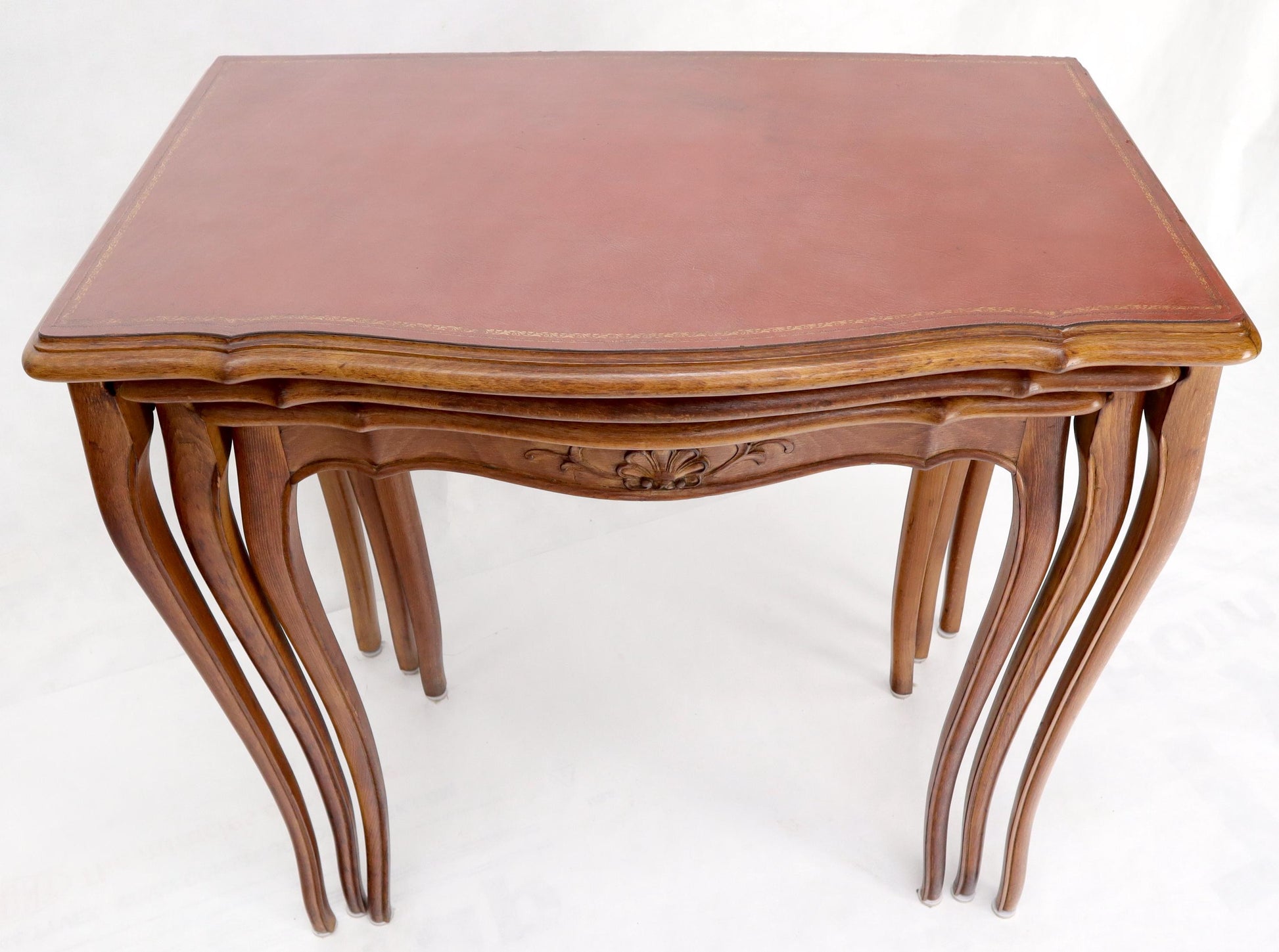 EstablishedLines Set of Rouge Tooled Leather Top Carved Walnut Cabriole Leg Set of Nesting Tables