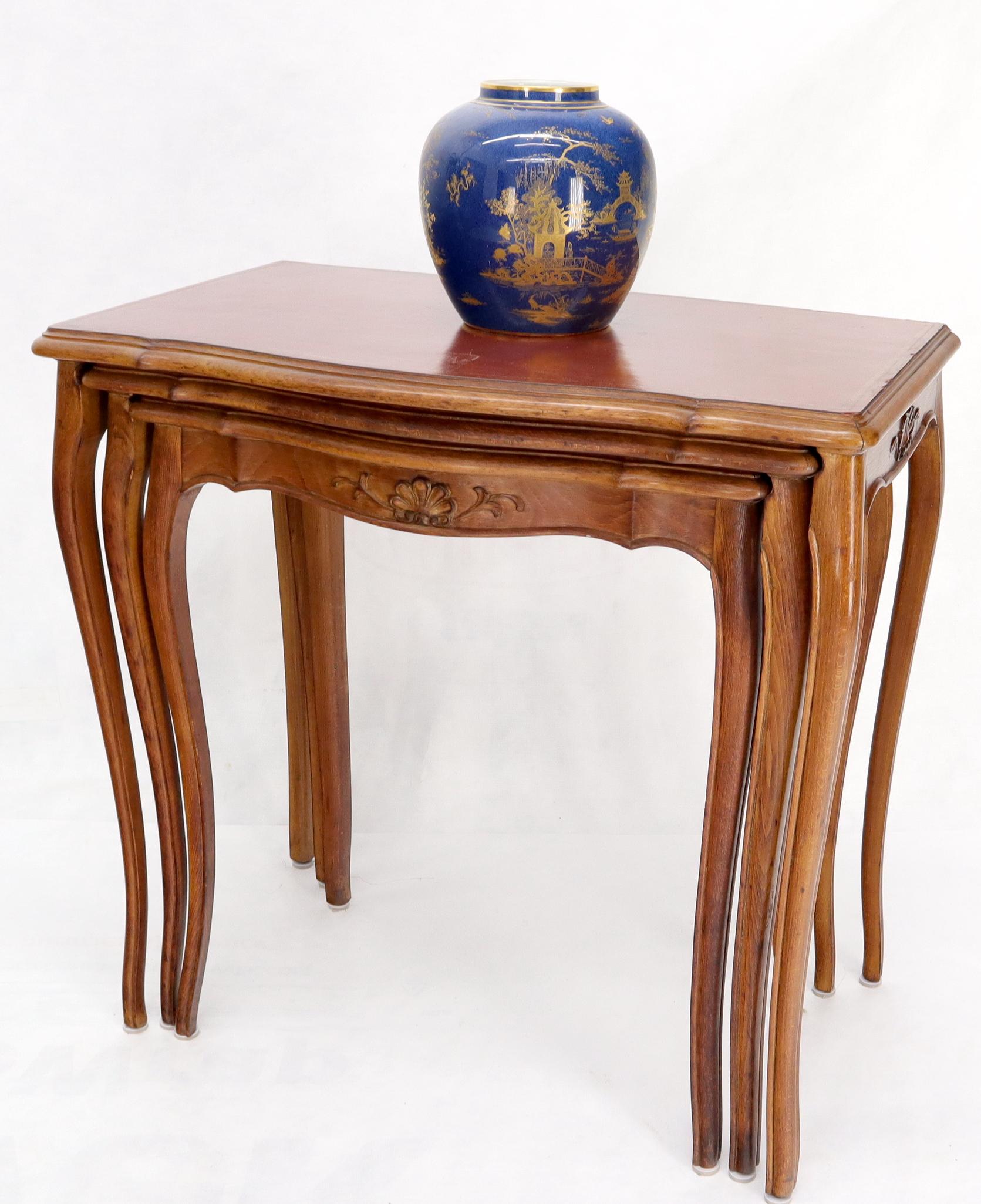EstablishedLines Set of Rouge Tooled Leather Top Carved Walnut Cabriole Leg Set of Nesting Tables