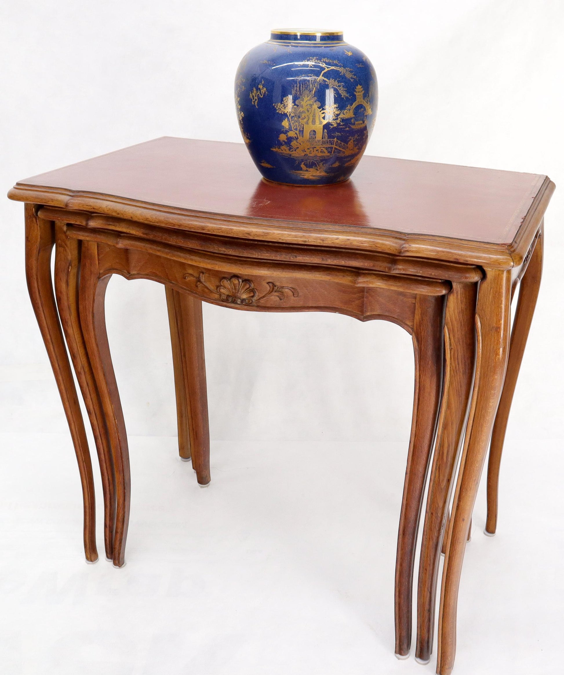 EstablishedLines Set of Rouge Tooled Leather Top Carved Walnut Cabriole Leg Set of Nesting Tables