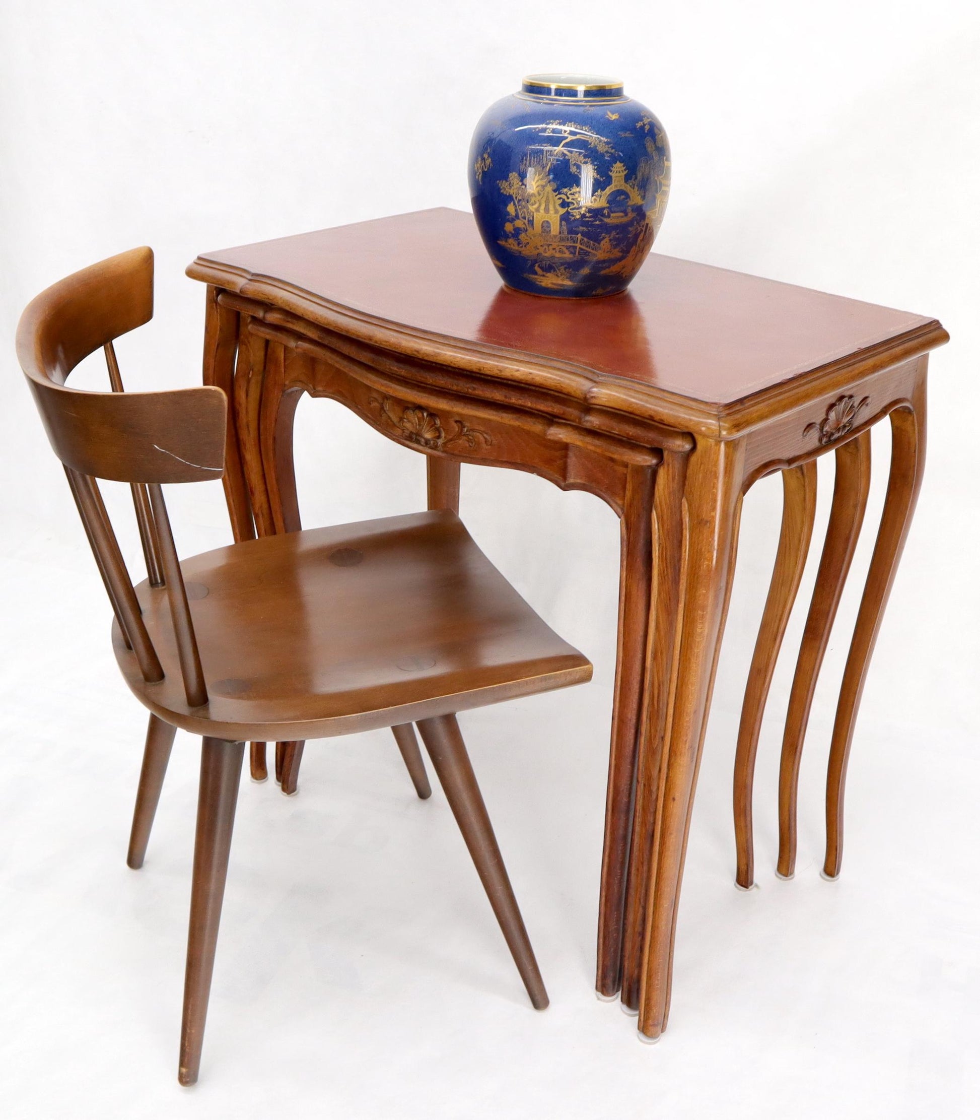 EstablishedLines Set of Rouge Tooled Leather Top Carved Walnut Cabriole Leg Set of Nesting Tables