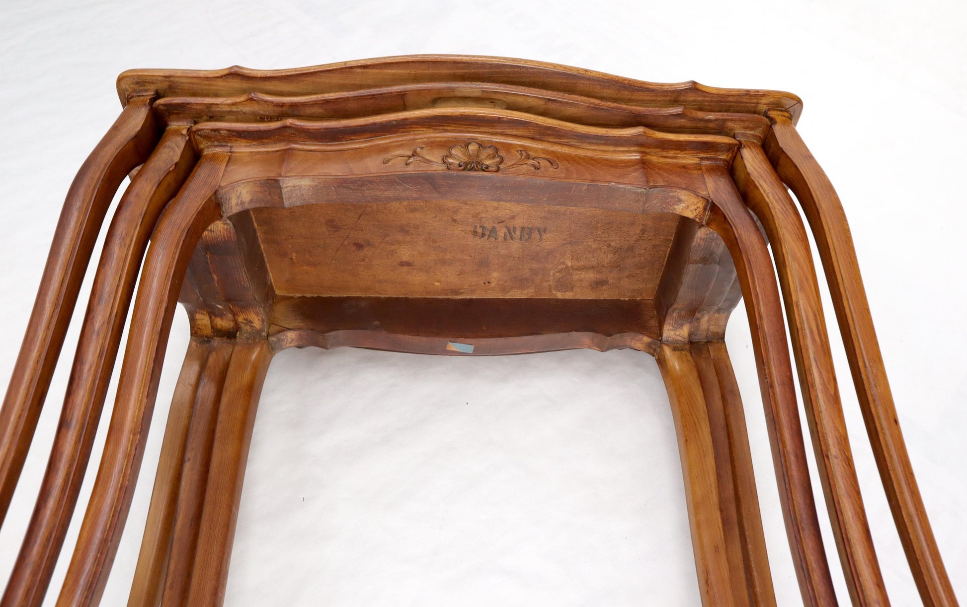 EstablishedLines Set of Rouge Tooled Leather Top Carved Walnut Cabriole Leg Set of Nesting Tables