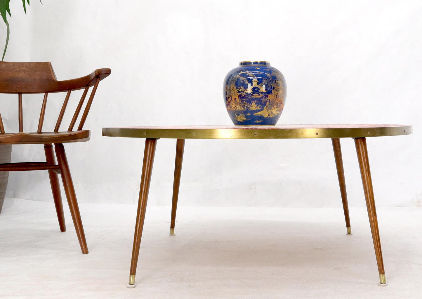 EstablishedLines Sunburst Red Tile Mosaic Round Mid-Century Modern Coffee Table