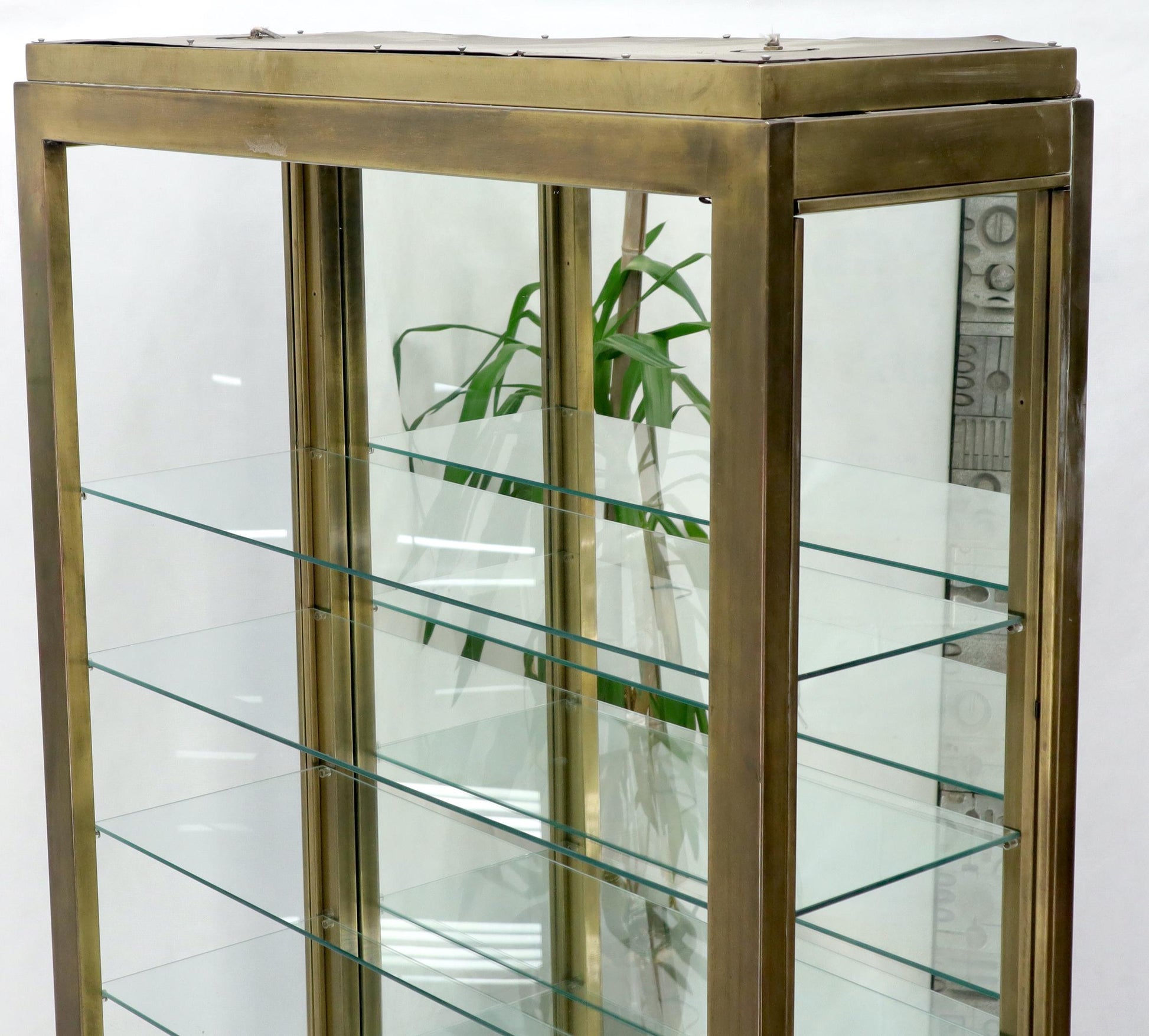 EstablishedLines Tall Narrow Brass Finish Adjustable Glass Shelves Unit Bookcase Storage Etagere