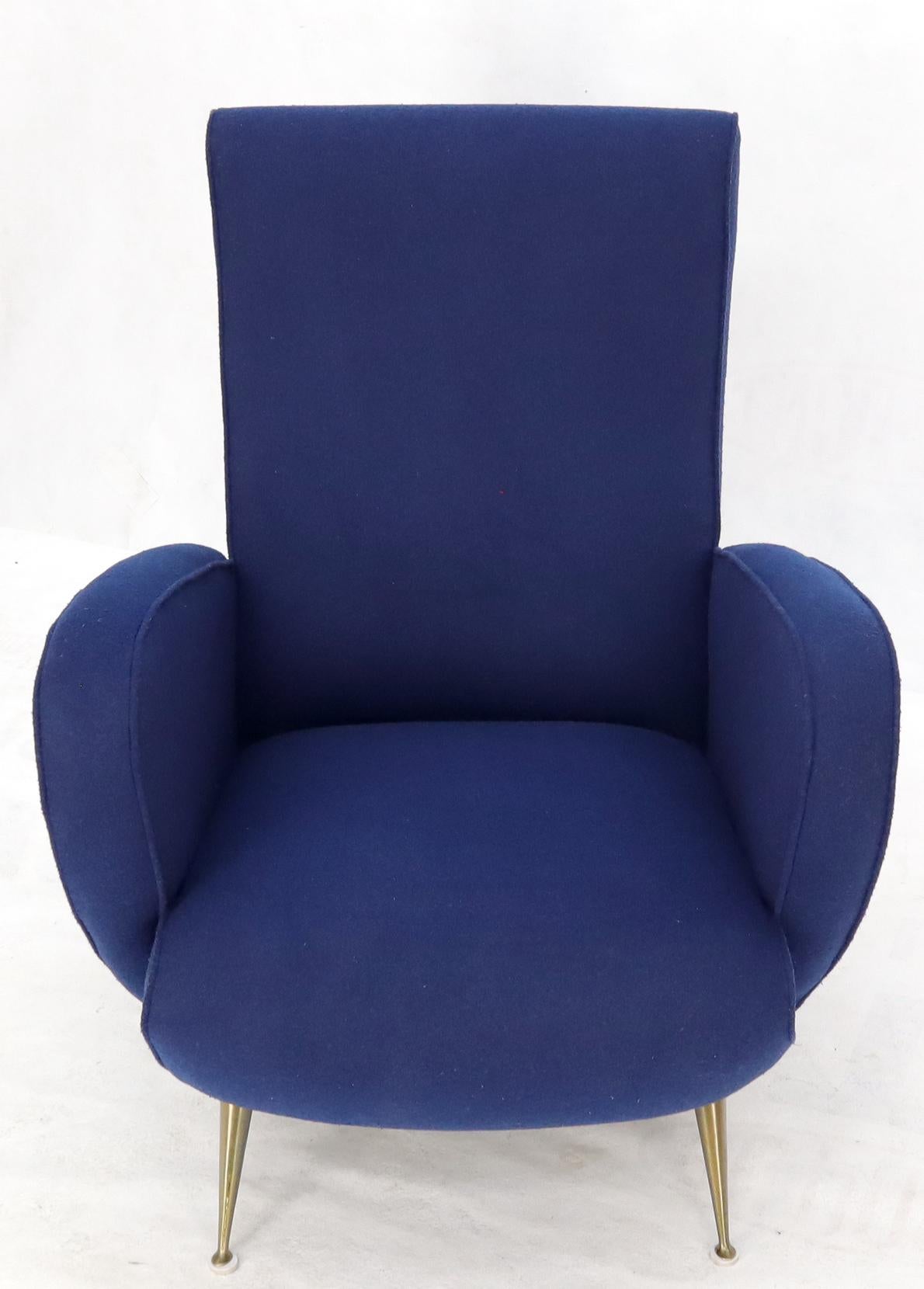 EstablishedLines New Navy Blue Upholstery Italian Mid-Century Modern Lounge Chair on Brass Legs