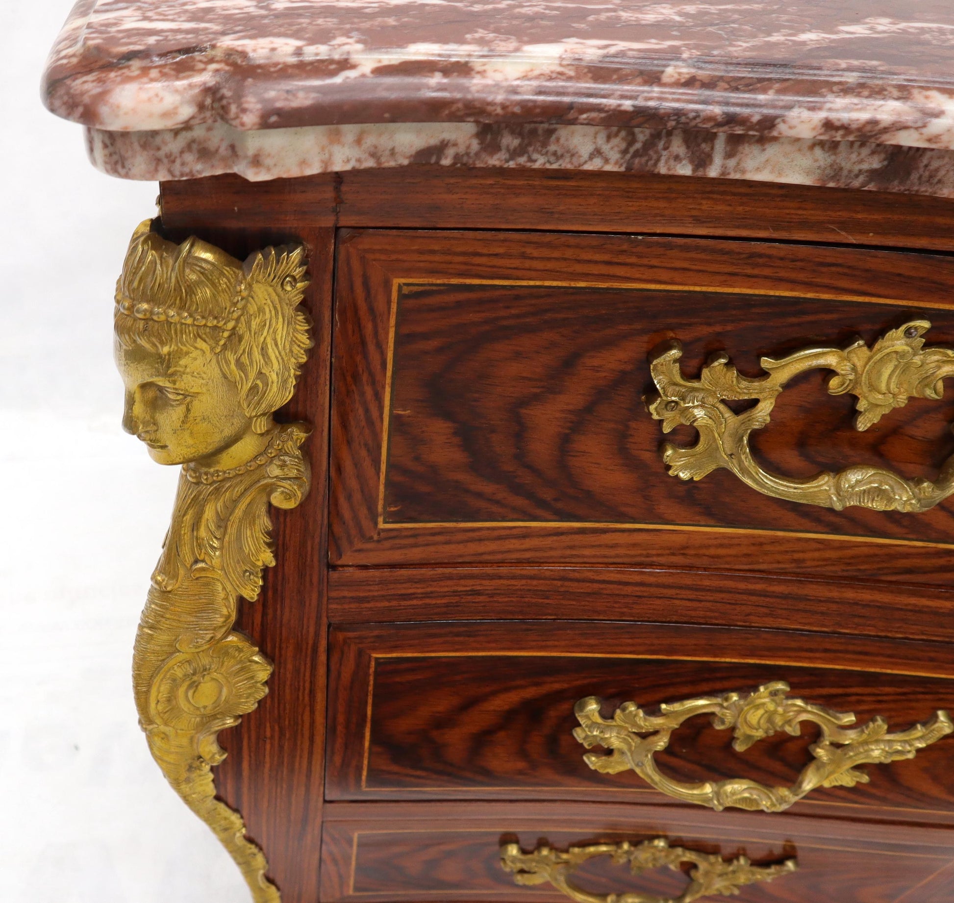 EstablishedLines Bombe French Marble Top Bronze Ormolu Louis XV Style 4 Drawers Dresser Commode