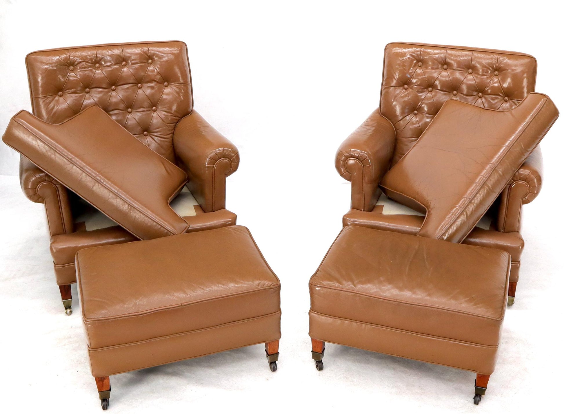 EstablishedLines Pair of Chesterfield Style Leather Chairs W/ Ottomans Brown to Tan