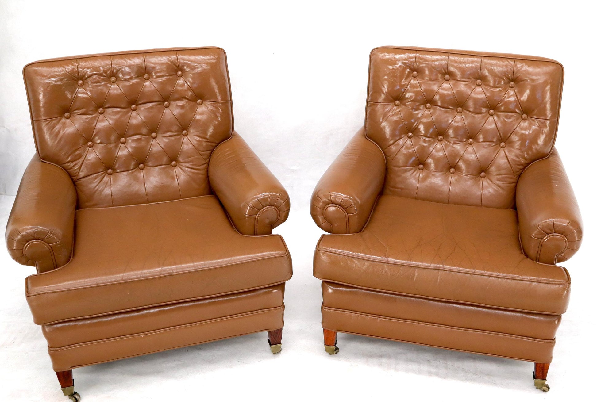 EstablishedLines Pair of Chesterfield Style Leather Chairs W/ Ottomans Brown to Tan