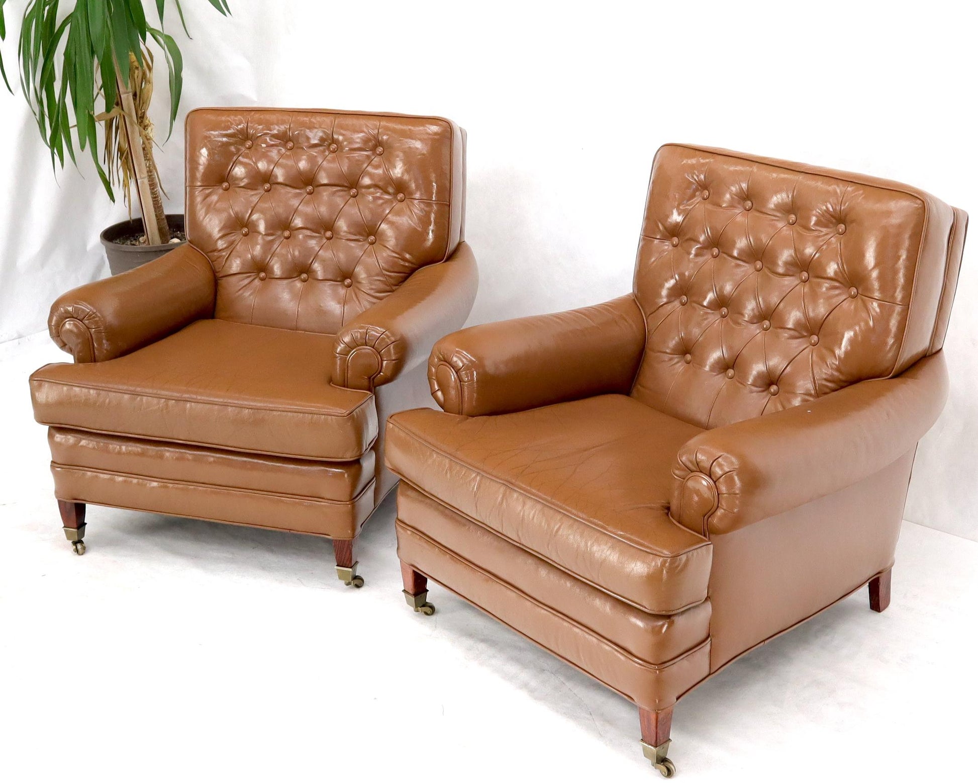EstablishedLines Pair of Chesterfield Style Leather Chairs W/ Ottomans Brown to Tan