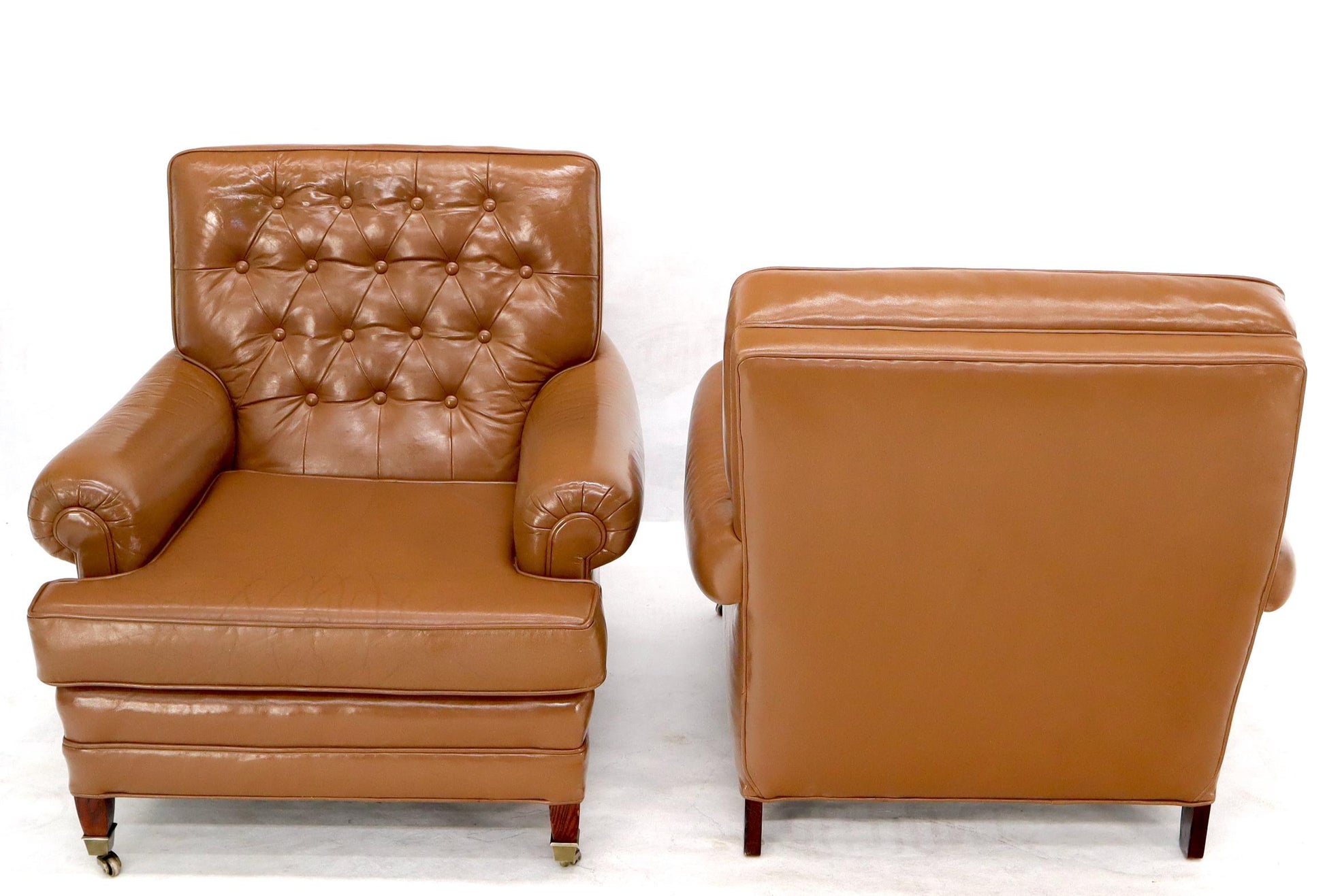 EstablishedLines Pair of Chesterfield Style Leather Chairs W/ Ottomans Brown to Tan