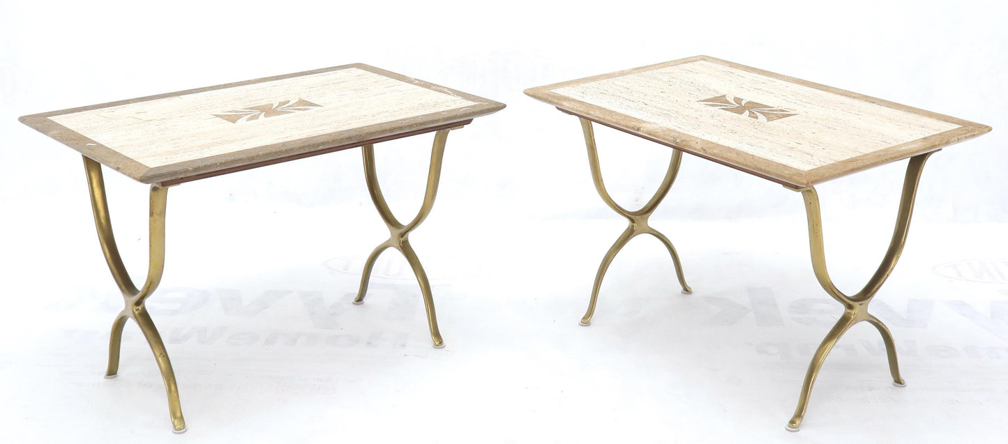 EstablishedLines Pair of Italian Travertine Top X-Shape Base End Side Tables