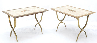 EstablishedLines Pair of Italian Travertine Top X-Shape Base End Side Tables