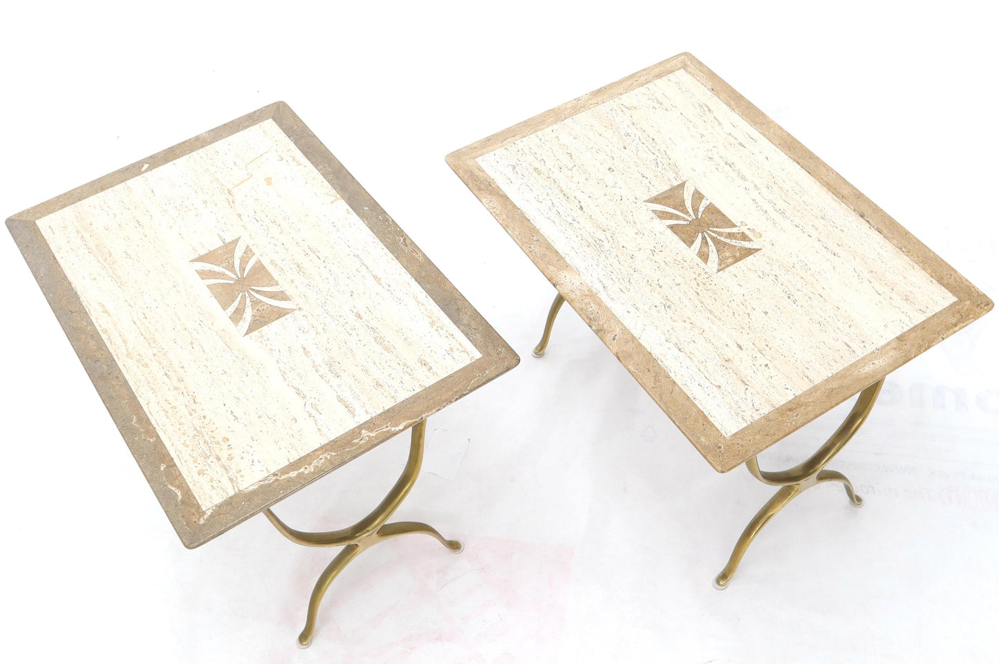 EstablishedLines Pair of Italian Travertine Top X-Shape Base End Side Tables