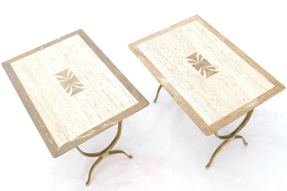 EstablishedLines Pair of Italian Travertine Top X-Shape Base End Side Tables