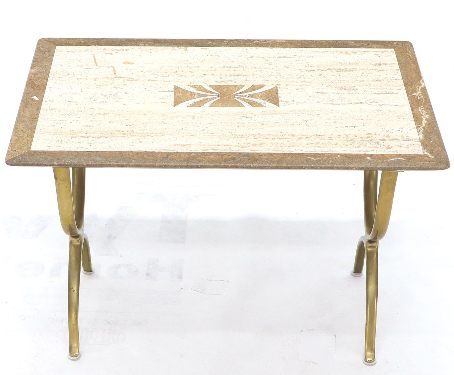 EstablishedLines Pair of Italian Travertine Top X-Shape Base End Side Tables