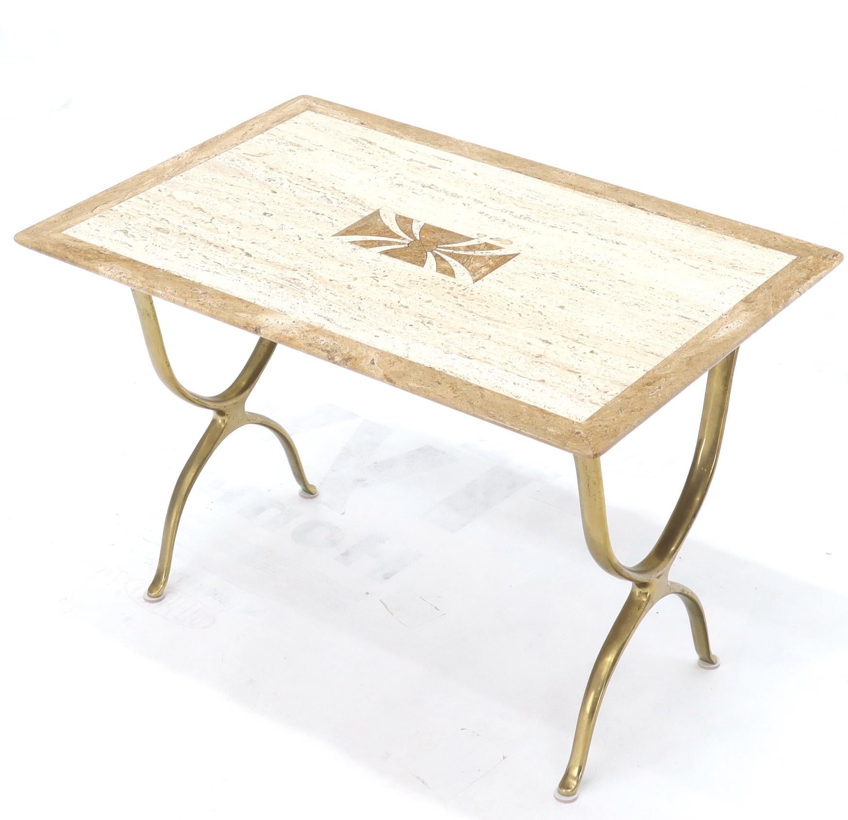 EstablishedLines Pair of Italian Travertine Top X-Shape Base End Side Tables