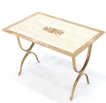 EstablishedLines Pair of Italian Travertine Top X-Shape Base End Side Tables