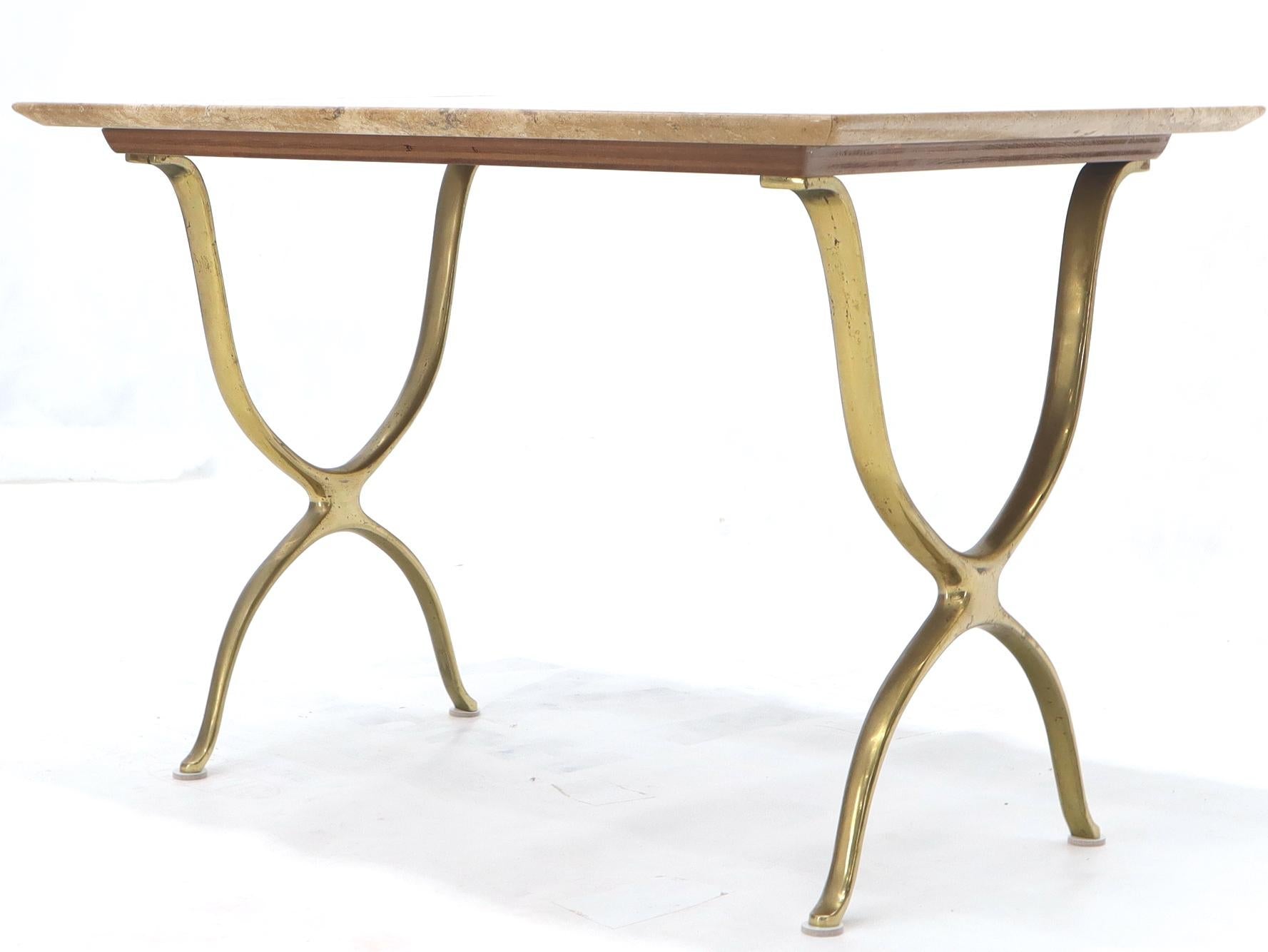 EstablishedLines Pair of Italian Travertine Top X-Shape Base End Side Tables