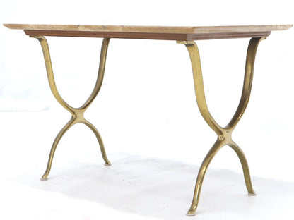 EstablishedLines Pair of Italian Travertine Top X-Shape Base End Side Tables