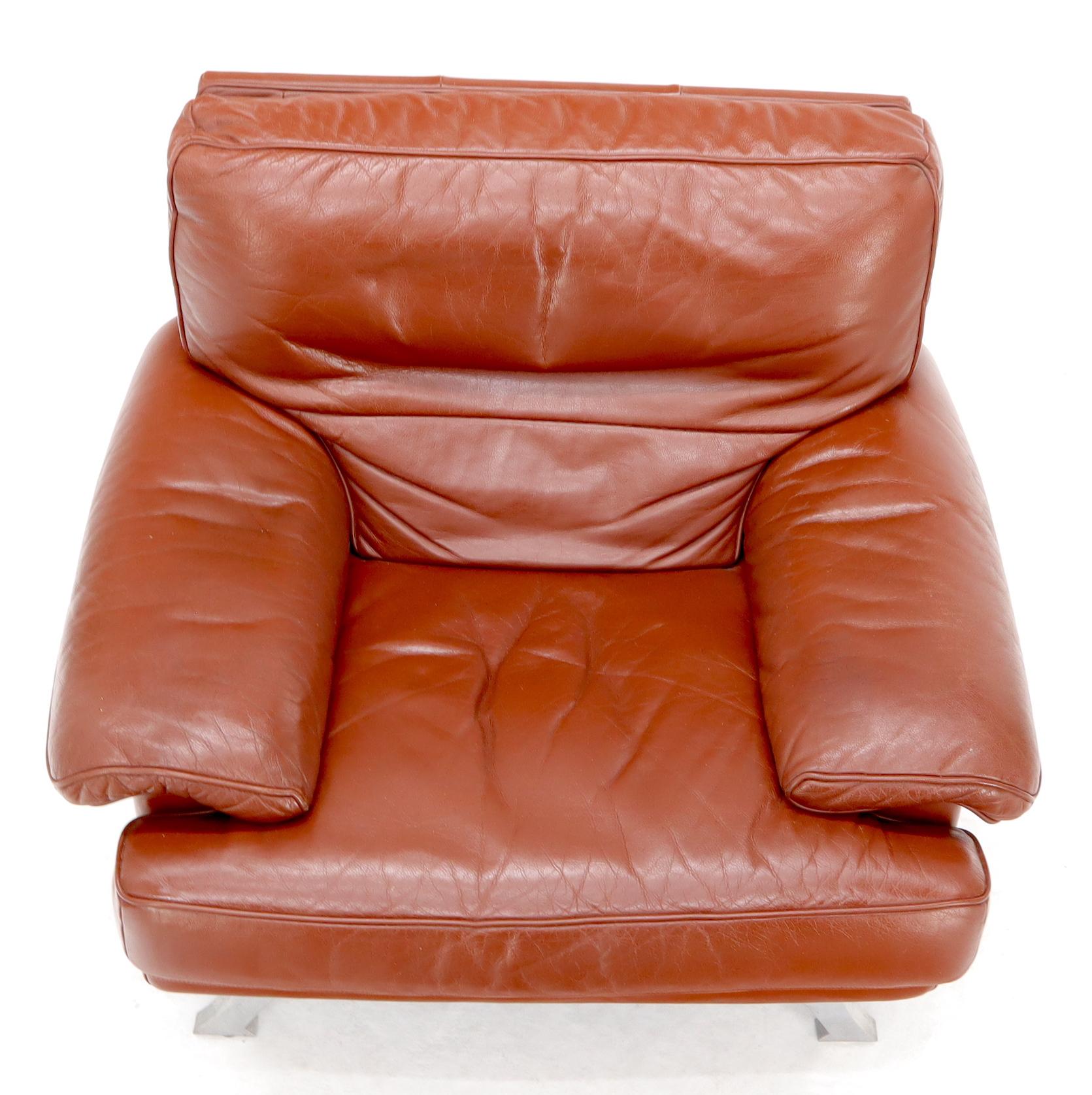 EstablishedLines Ligne Roset Made in France Wide Seat Browm Leather Lounge Chair