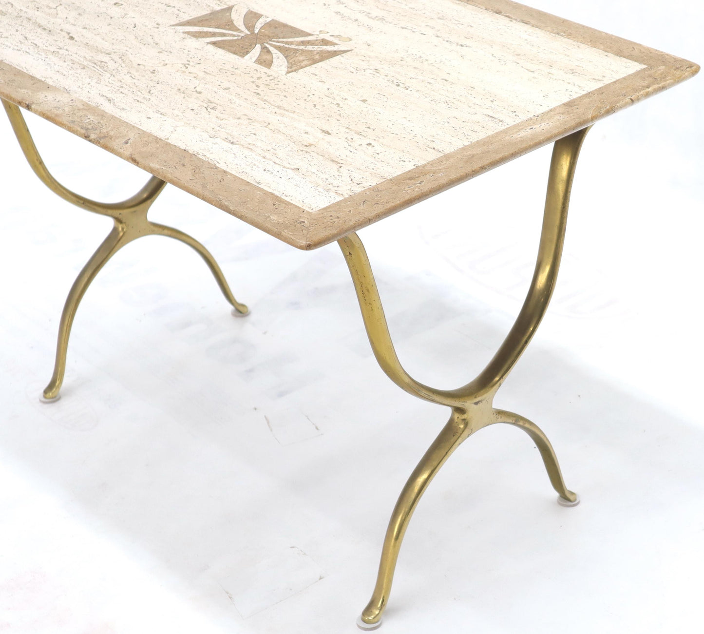 EstablishedLines Pair of Italian Travertine Top X-Shape Base End Side Tables