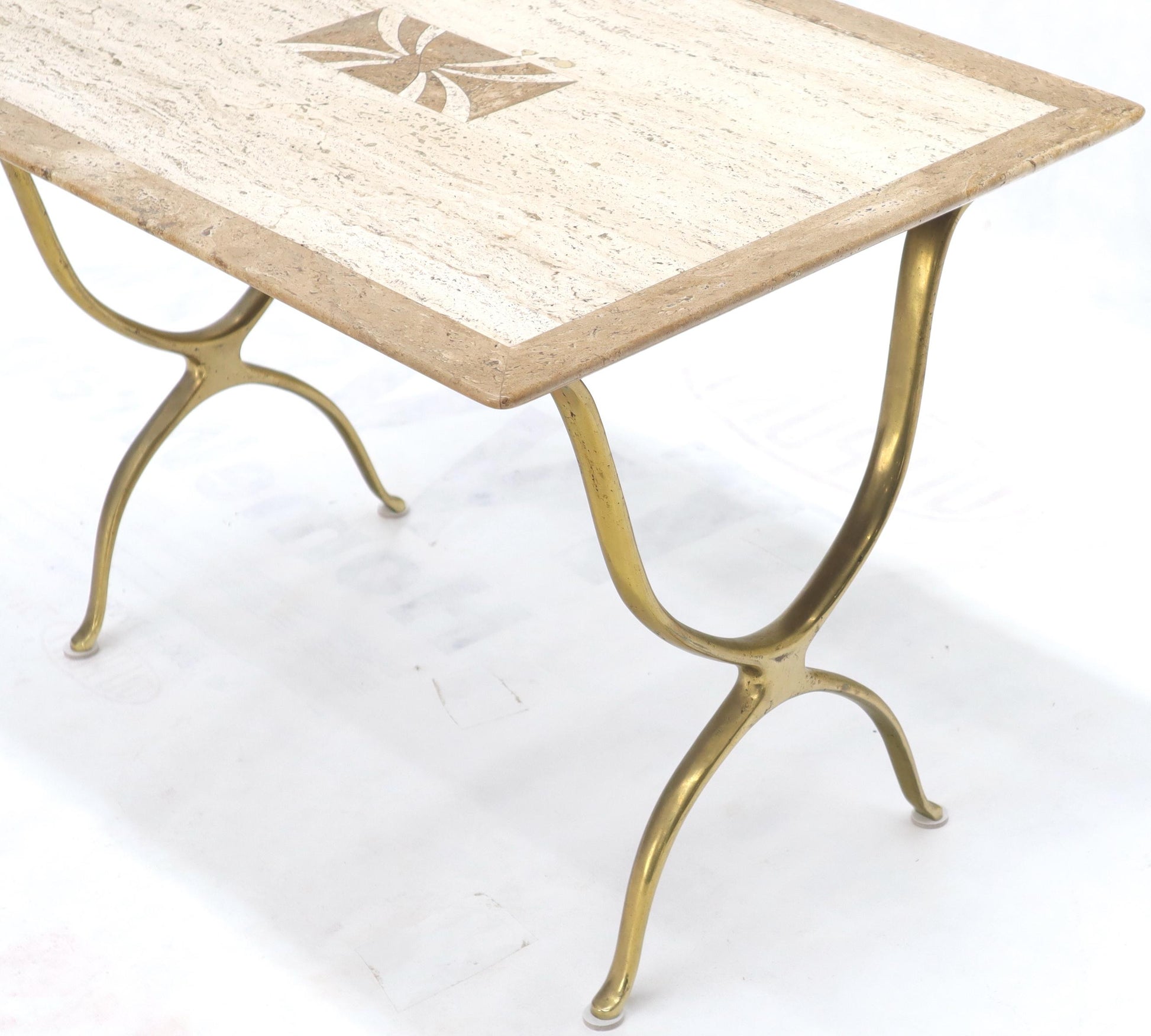 EstablishedLines Pair of Italian Travertine Top X-Shape Base End Side Tables