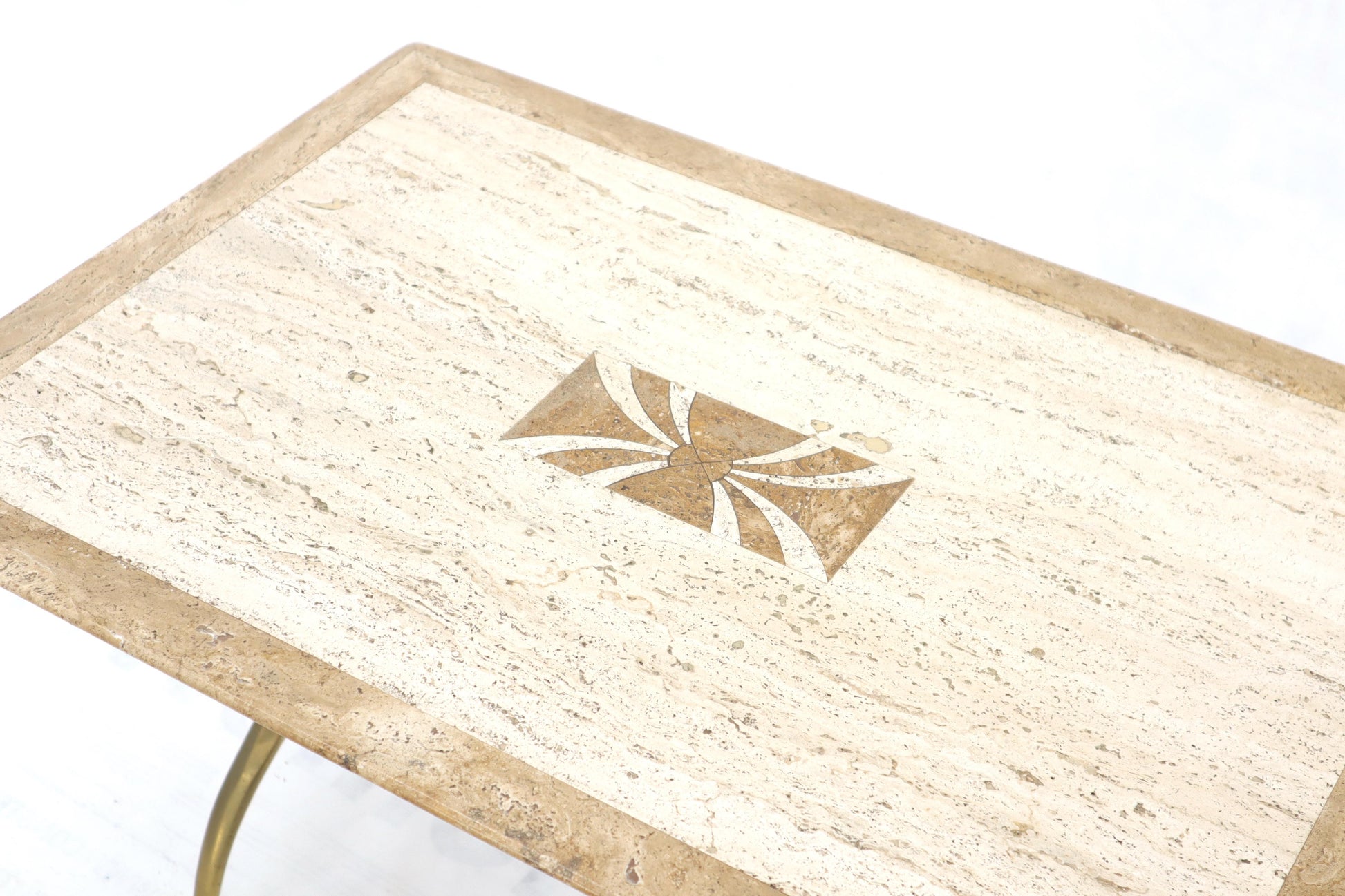 EstablishedLines Pair of Italian Travertine Top X-Shape Base End Side Tables
