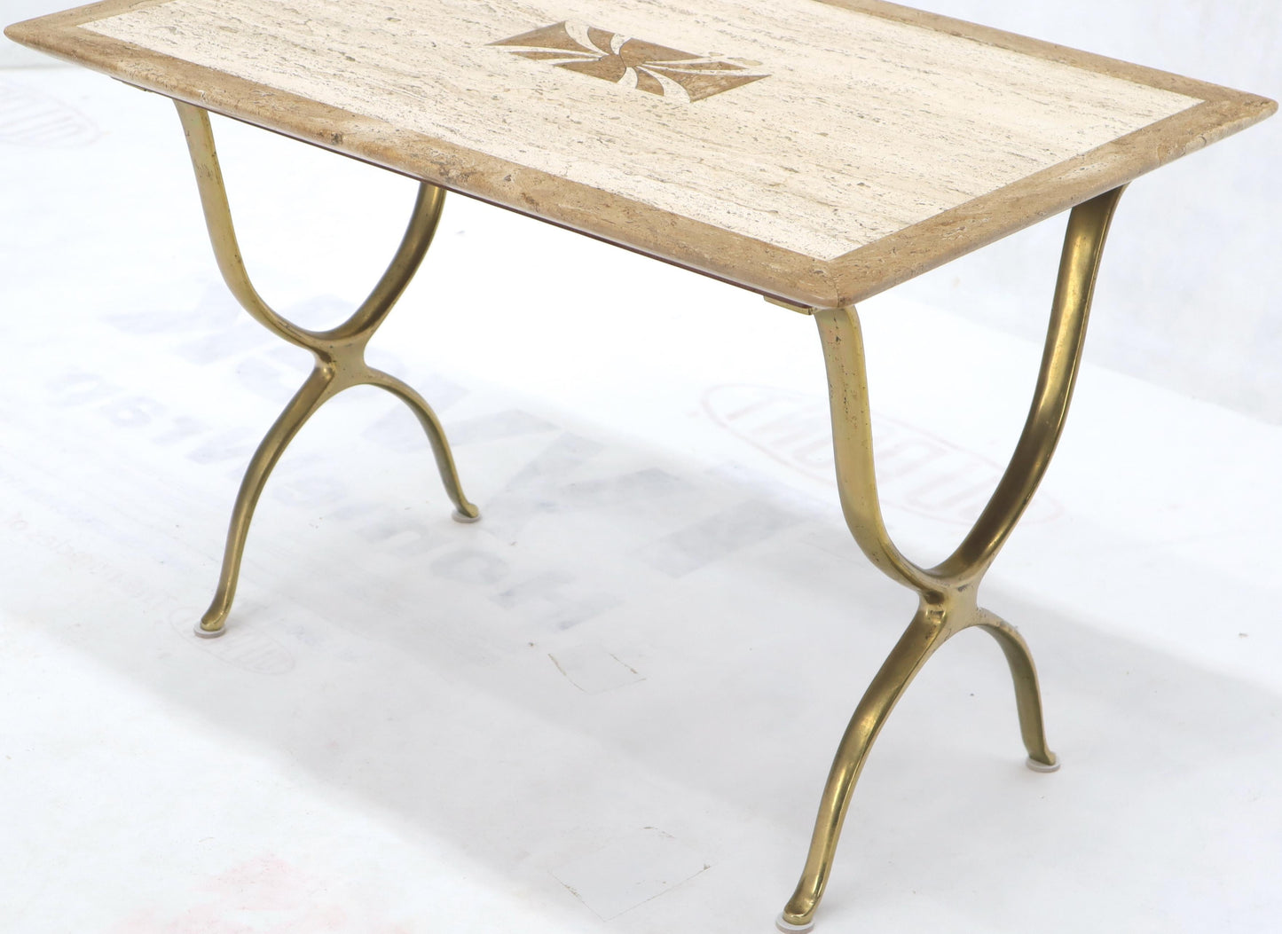 EstablishedLines Pair of Italian Travertine Top X-Shape Base End Side Tables