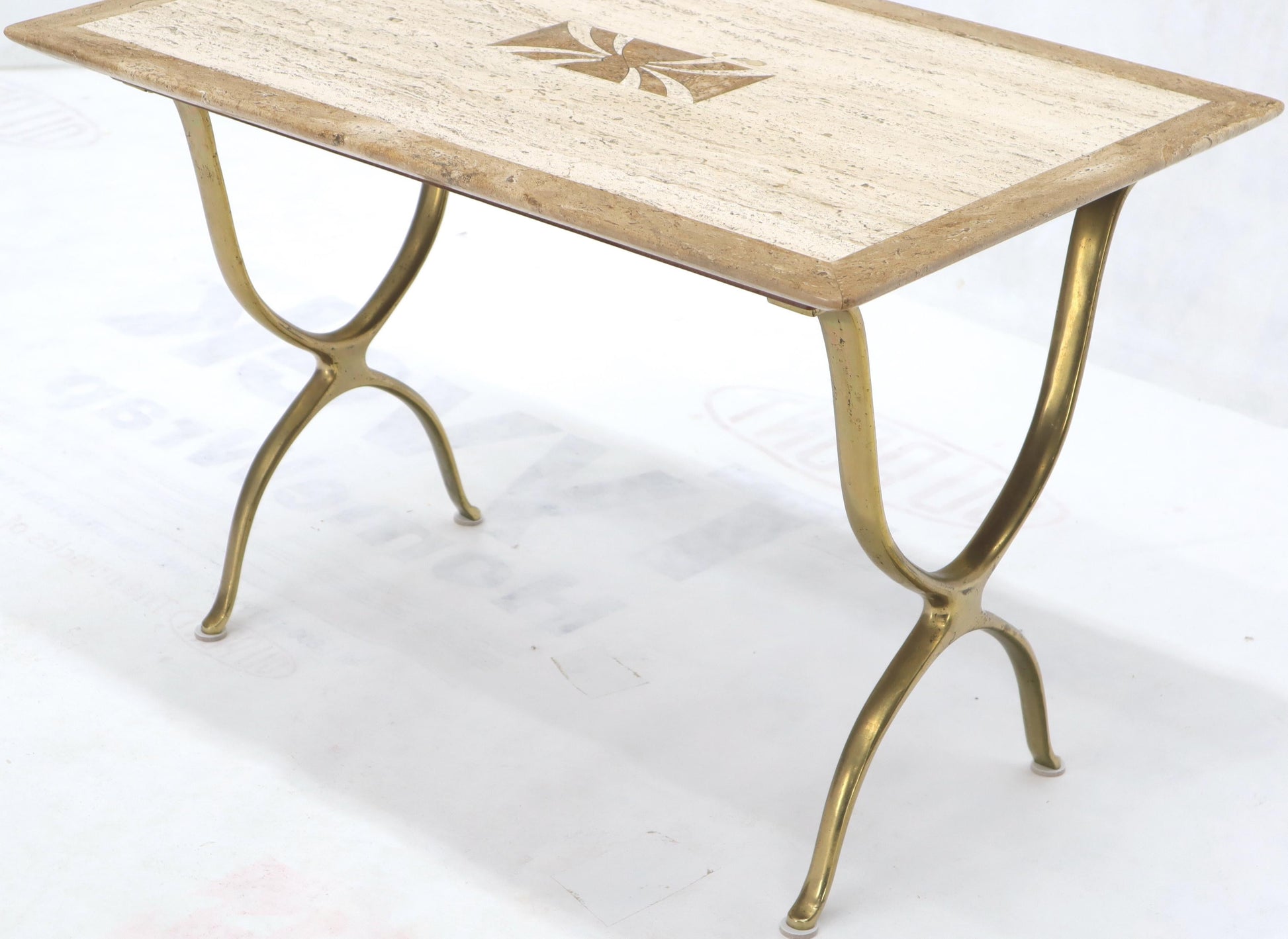 EstablishedLines Pair of Italian Travertine Top X-Shape Base End Side Tables