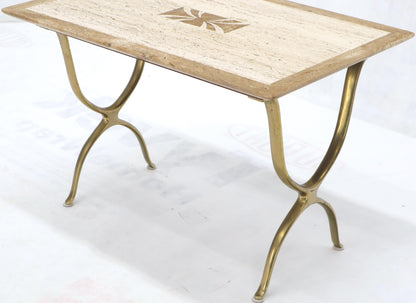 EstablishedLines Pair of Italian Travertine Top X-Shape Base End Side Tables