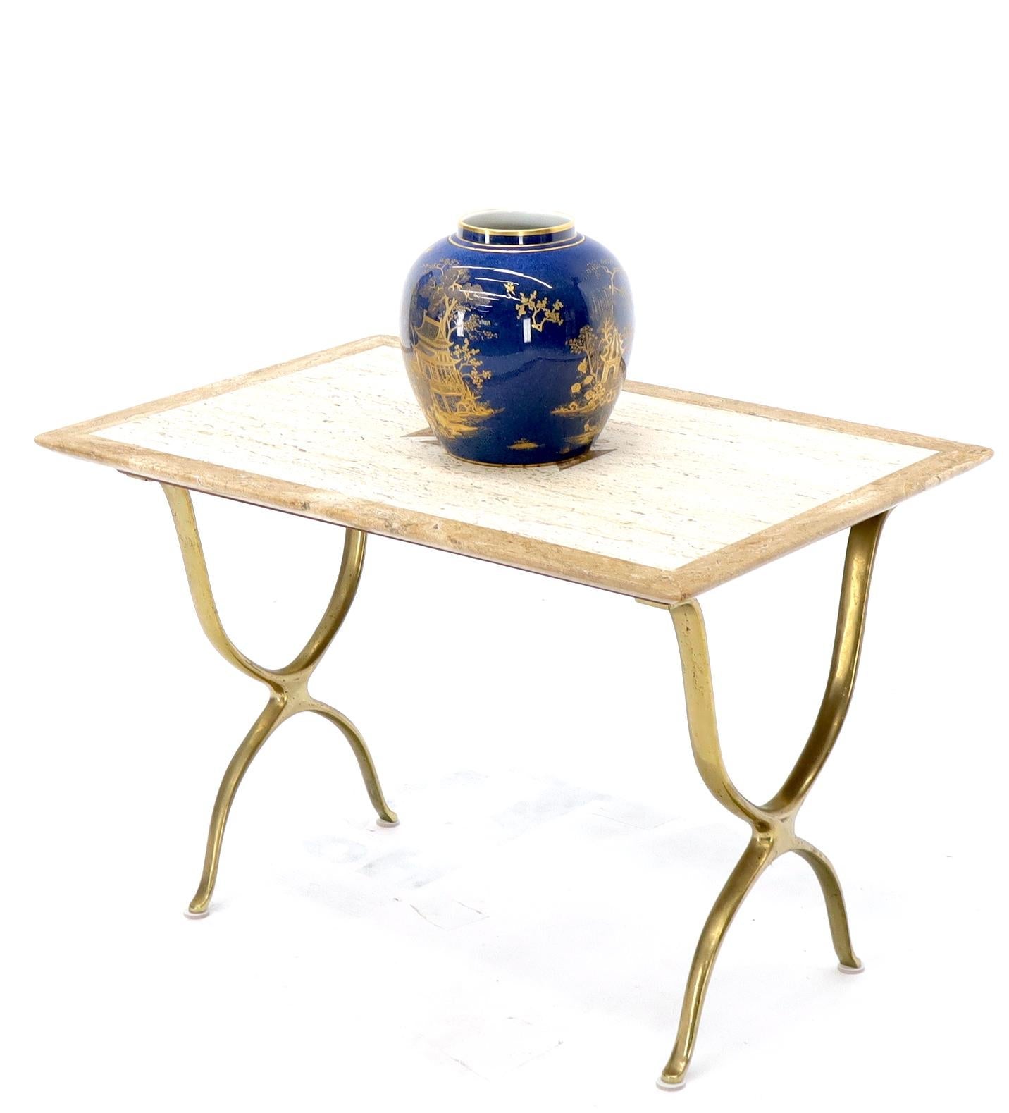 EstablishedLines Pair of Italian Travertine Top X-Shape Base End Side Tables