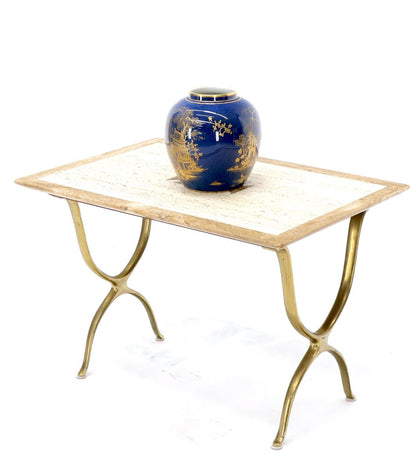EstablishedLines Pair of Italian Travertine Top X-Shape Base End Side Tables