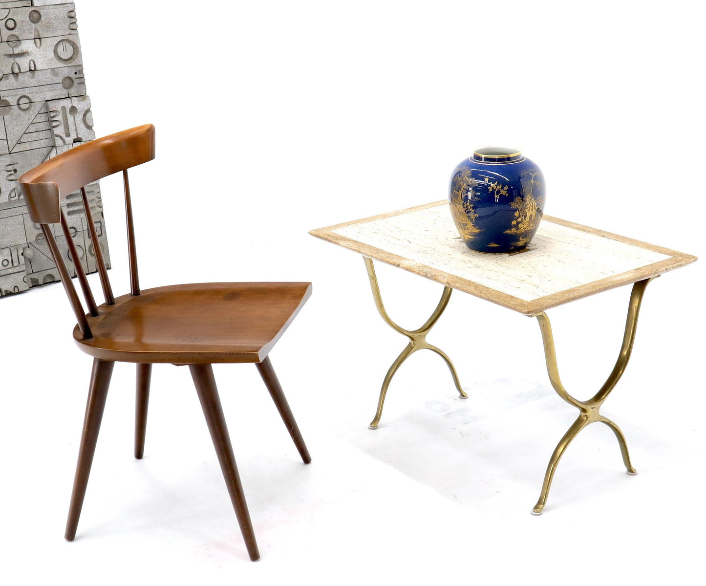 EstablishedLines Pair of Italian Travertine Top X-Shape Base End Side Tables