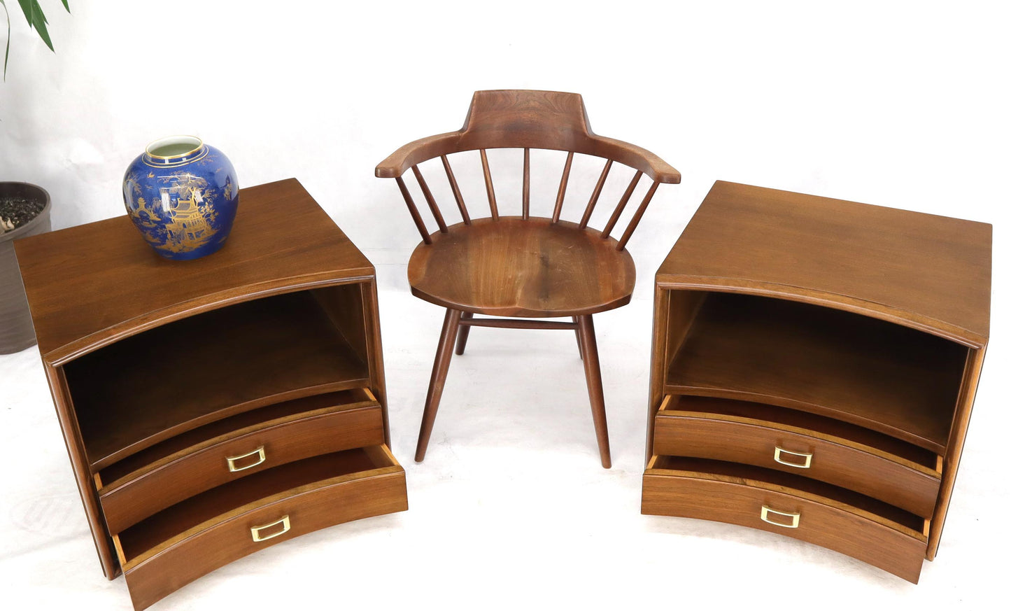 EstablishedLines Pair of Paul Frankl Walnut Nightstands for Johnson Furniture Solid Brass Pulls