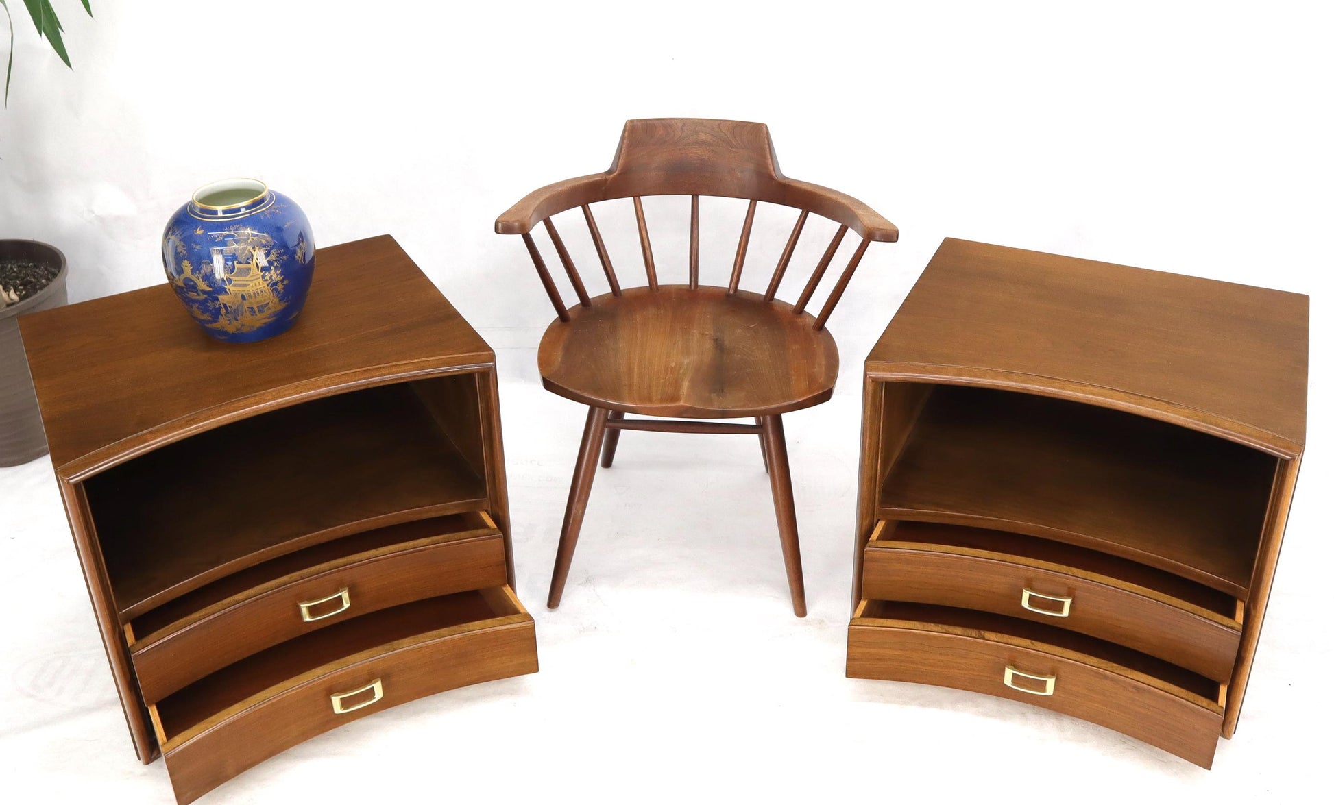 EstablishedLines Pair of Paul Frankl Walnut Nightstands for Johnson Furniture Solid Brass Pulls