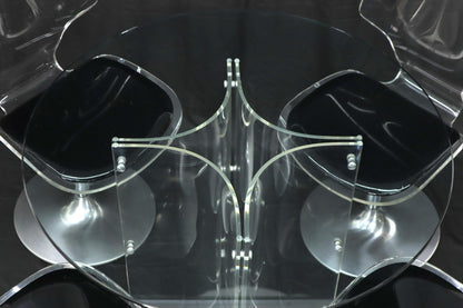 EstablishedLines Tulip Chrome Base Lucite Seats Set of 4 Chairs Dining Table with Glass Round Top