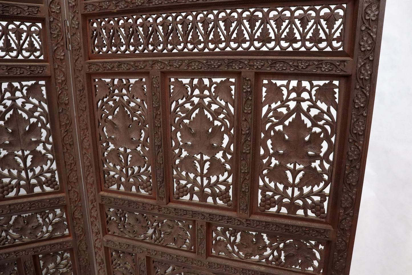 EstablishedLines Four-Panel Finely Carved Teak Room Divider Screen