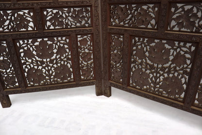 EstablishedLines Four-Panel Finely Carved Teak Room Divider Screen