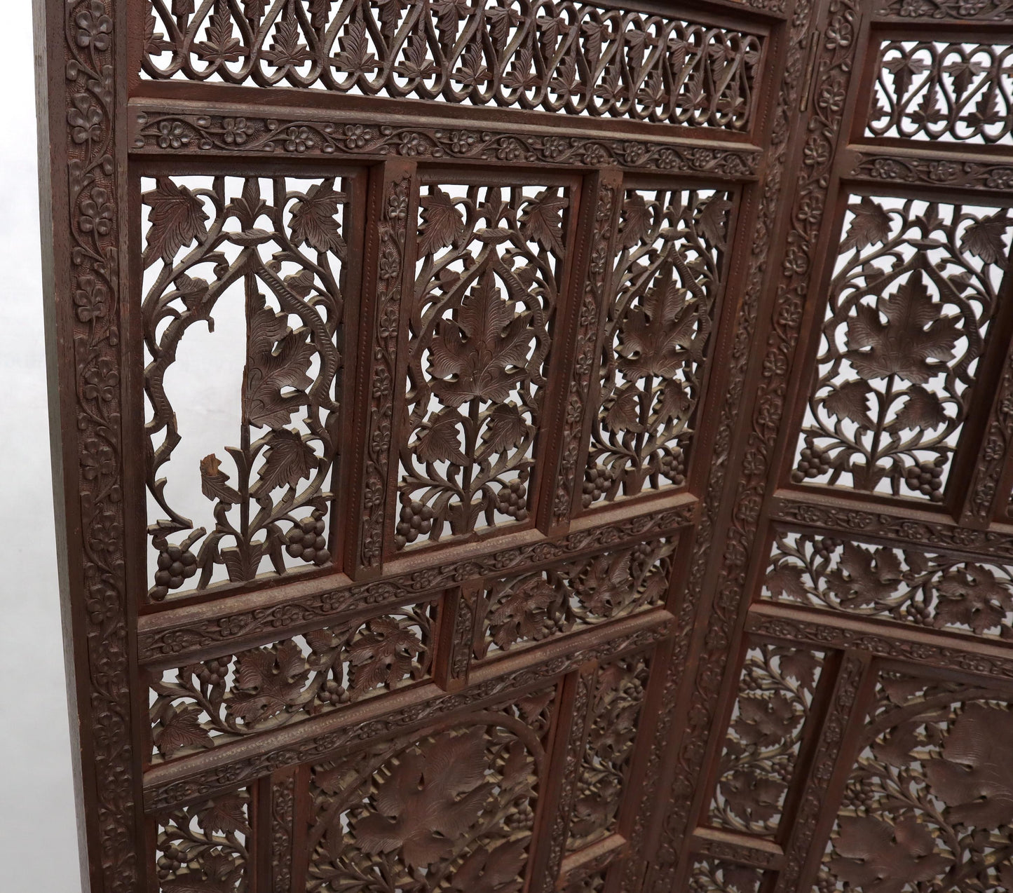 EstablishedLines Four-Panel Finely Carved Teak Room Divider Screen