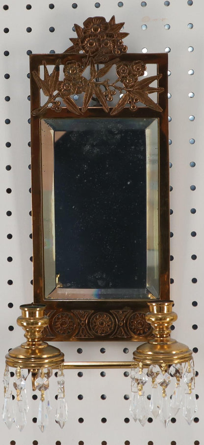 EstablishedLines Antique Brass 2 Candle Mirror Wall Sconce 16 Crystal Prisms, 1875