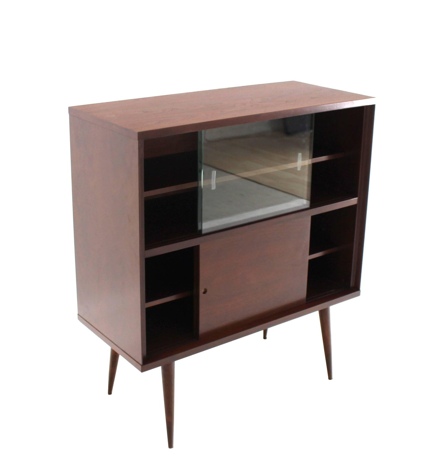 Mid-Century Modern Walnut Cabinet with Sliding Glass Doors