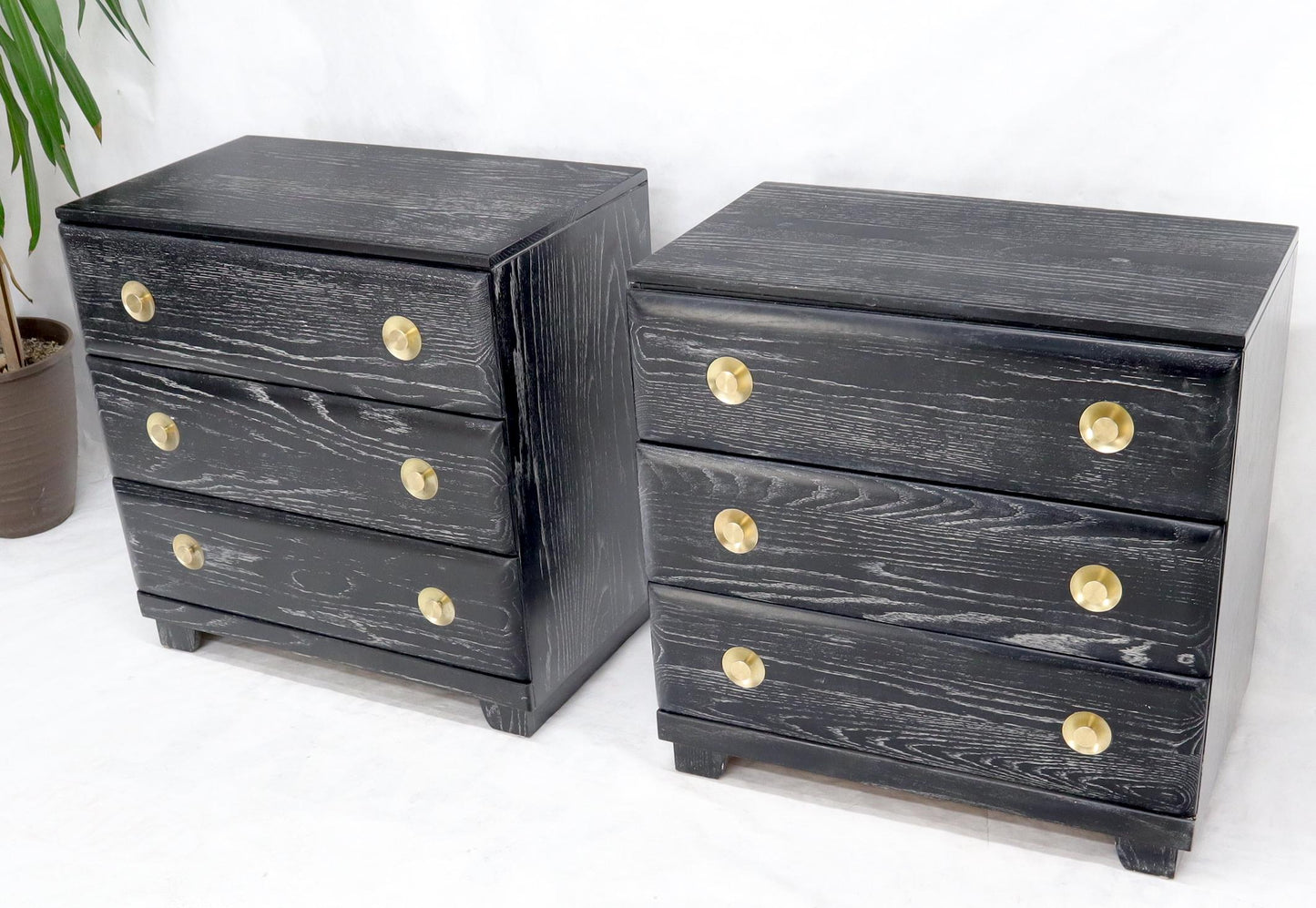 EstablishedLines Pair of Cerused Limed Oak Three-Drawer Bachelor Chests with Round Brass