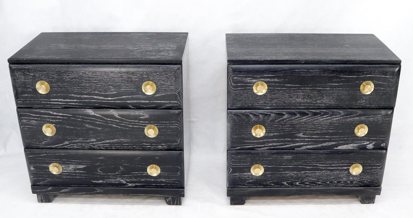 EstablishedLines Pair of Cerused Limed Oak Three-Drawer Bachelor Chests with Round Brass