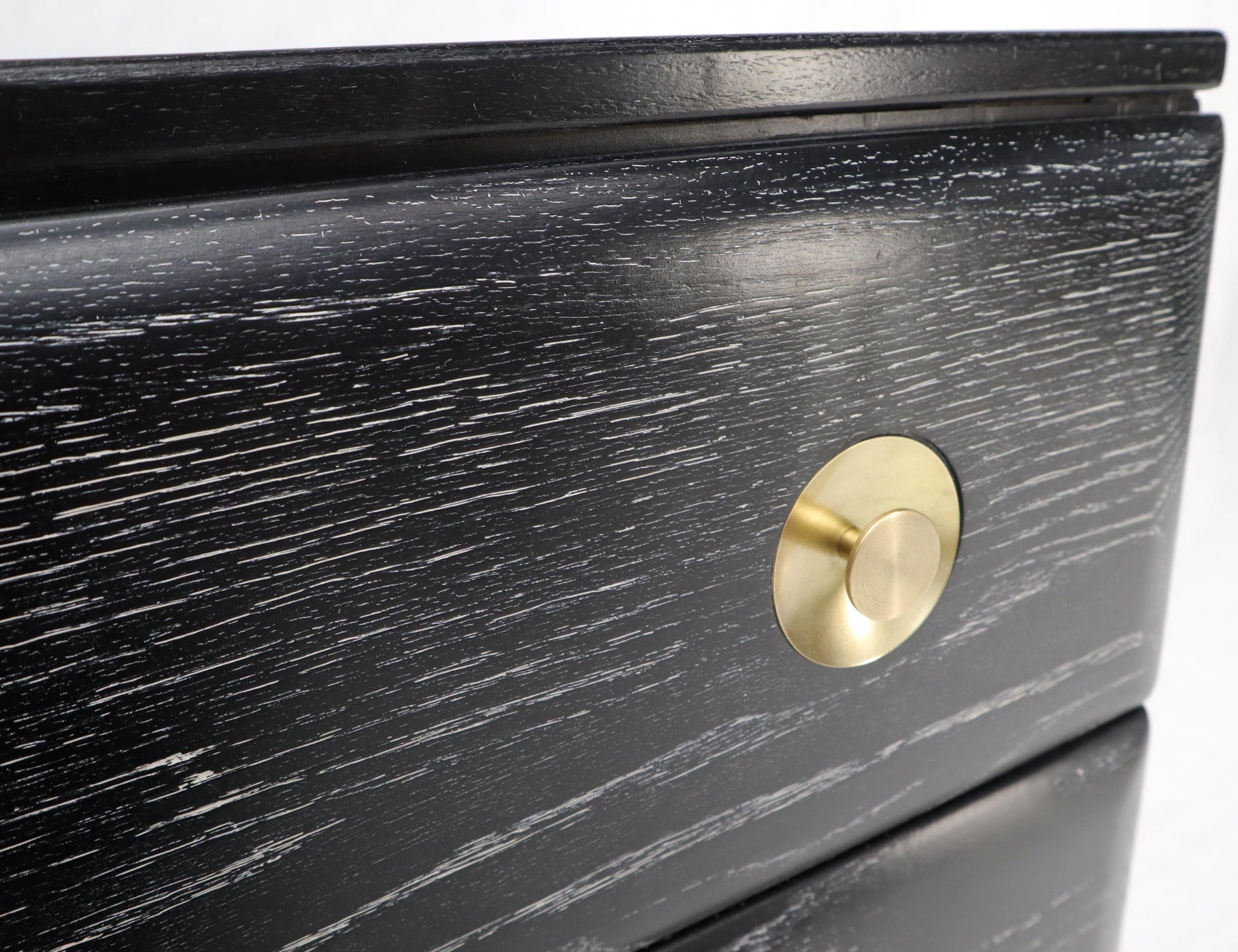 EstablishedLines Pair of Cerused Limed Oak Three-Drawer Bachelor Chests with Round Brass