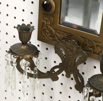 EstablishedLines Large Bronze Mirror Sconce Two Candleholders Jewels Decorated