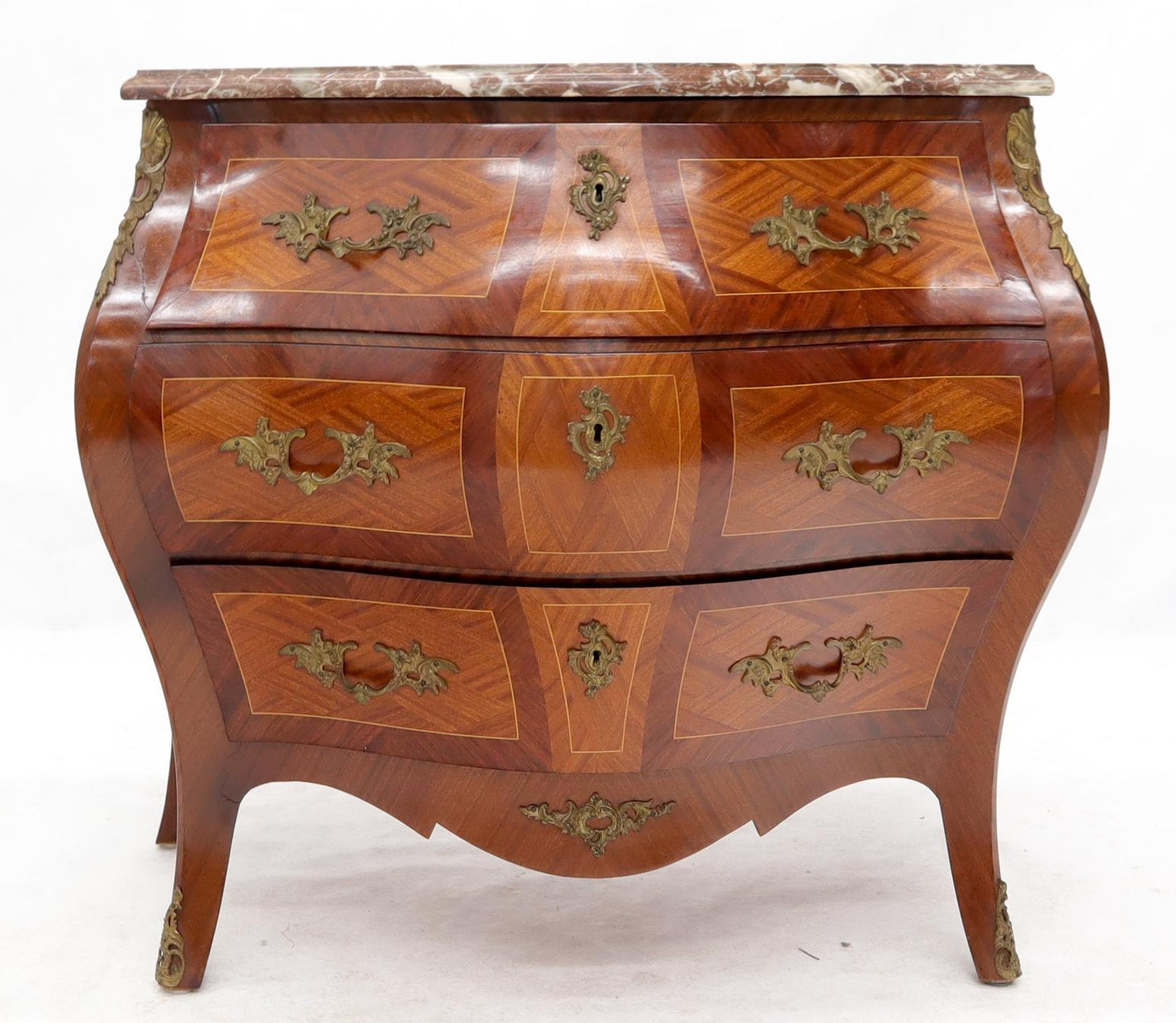 EstablishedLines Bombe French Marble-Top Bronze Ormolu Louis XV Style 3 Drawers Dresser Commode