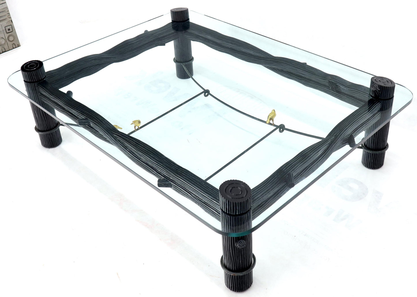 EstablishedLines Large Oversize Thick Glass Top Rectangle Coffee Table with Singing Birds