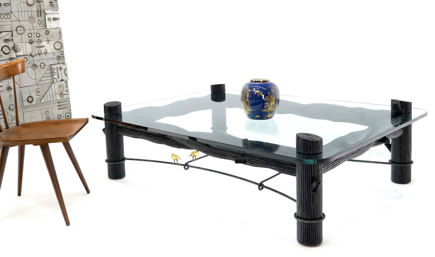 EstablishedLines Large Oversize Thick Glass Top Rectangle Coffee Table with Singing Birds