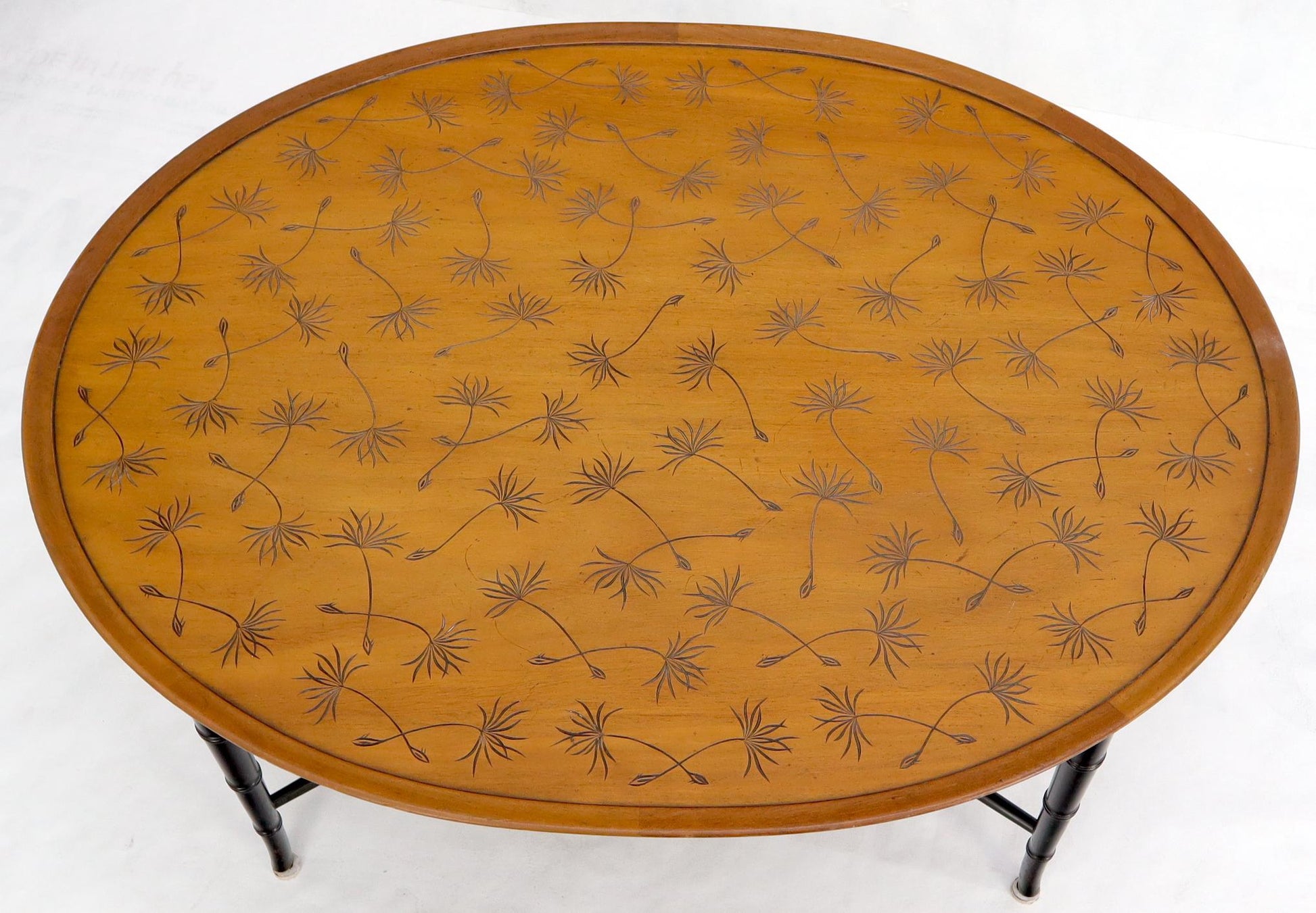 EstablishedLines Oval Kittinger Coffee Table Faux Bamboo Tapered Legs Incised Leafs Design on Top