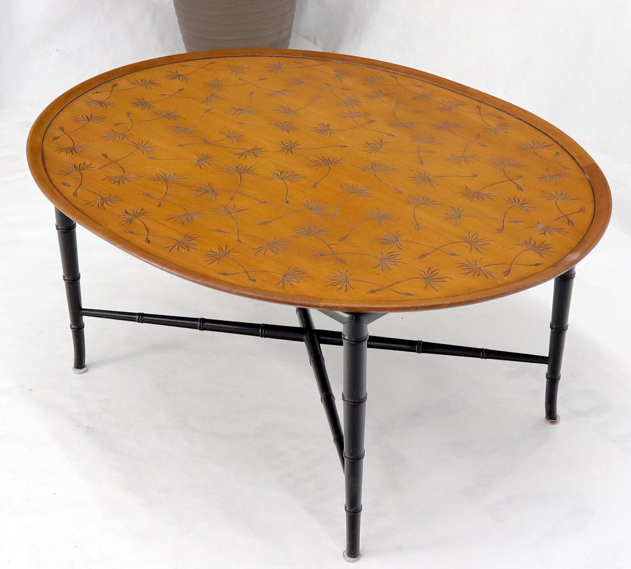 EstablishedLines Oval Kittinger Coffee Table Faux Bamboo Tapered Legs Incised Leafs Design on Top