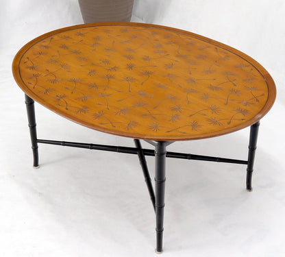EstablishedLines Oval Kittinger Coffee Table Faux Bamboo Tapered Legs Incised Leafs Design on Top